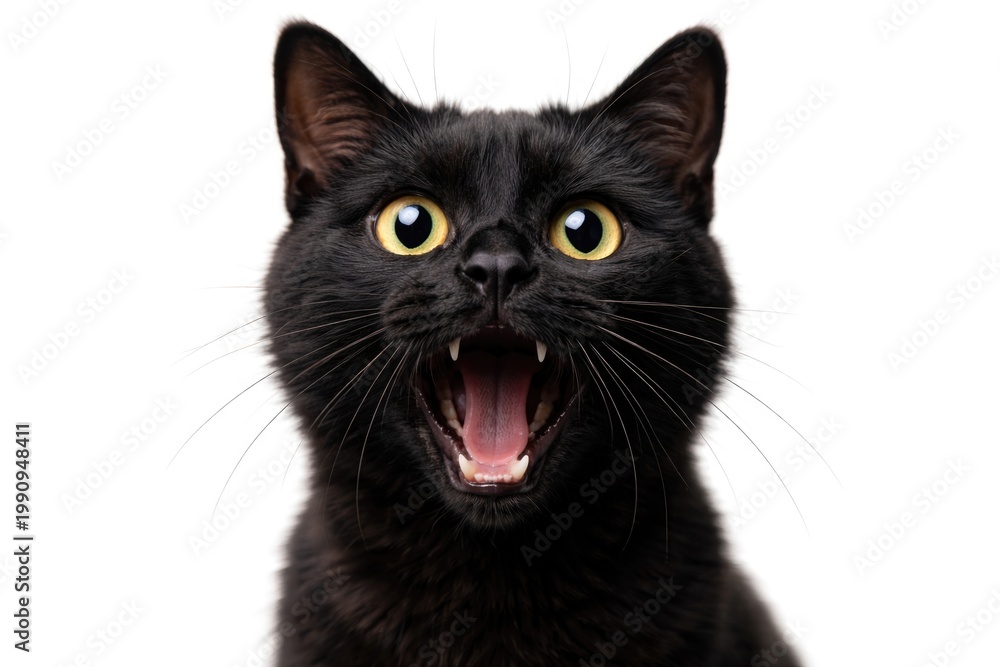 Fototapeta premium Funny black feline with wide open mouth surprised face on plain white backdrop
