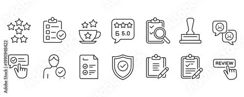 Set of review and rating icons with checkmarks and stars for feedback