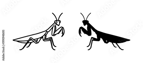 Praying Mantis Outline and Black Silhouette Vector Set
