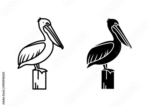Pelican Bird Icon Set Standing on Wooden Post