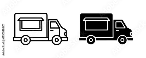 Food truck icon set in outline and solid black style
