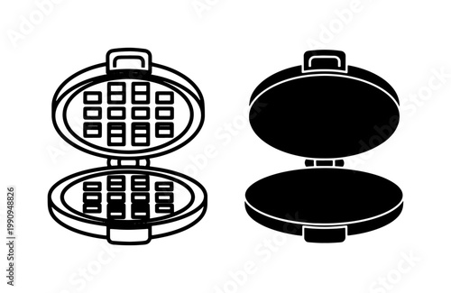 Electric Waffle Maker Icon Set in Black Outline and Solid Style