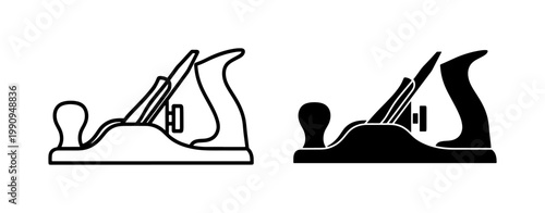Woodworking Jack Plane Icon Set in Outline and Silhouette Style