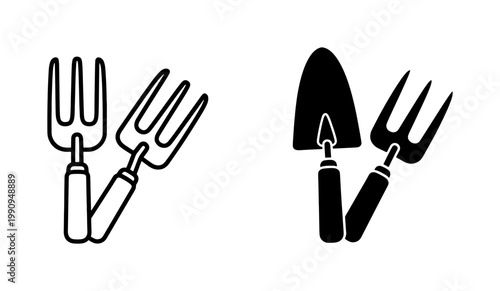 Garden Hand Tools Icon Set with Trowel and Fork