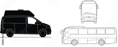 Van silhouette with pop-top roof and bus blueprints on white background