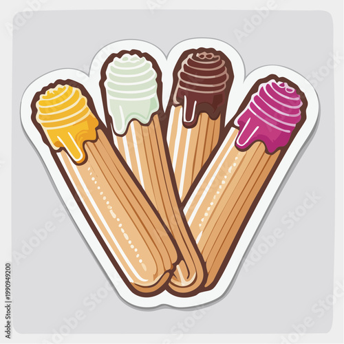 Variety of colorful churros with dipping sauces