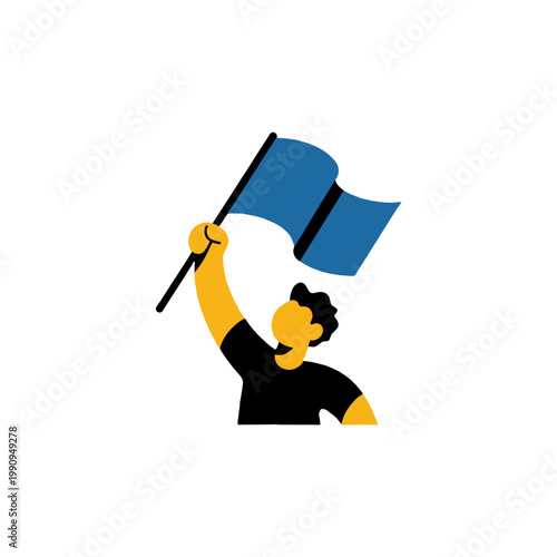 A person with a blue flag celebrating.