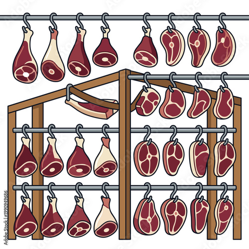 Eid aladha raw meat cuts hanging in butcher shop on metal hooks concept of meat processing and food preparation