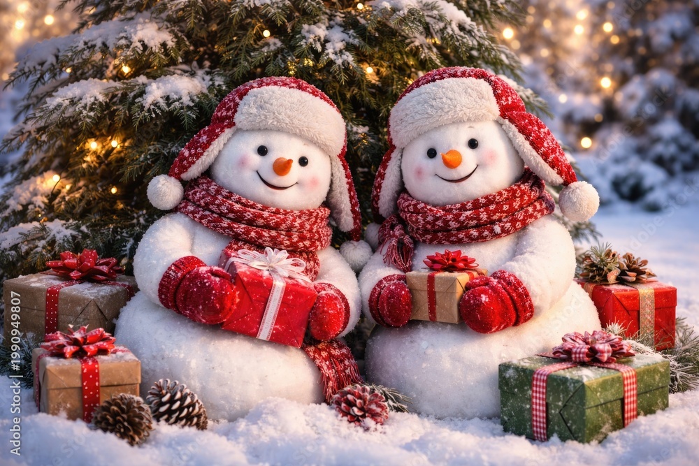 Fototapeta premium Cheerful snowmen in red ear flap hats and warm mittens resting by a tree surrounded by presents