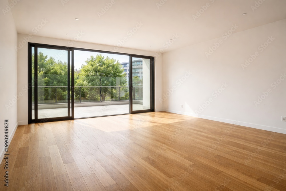 Fototapeta premium Vacant living space with natural wood floors and large glass doors framing front balcony
