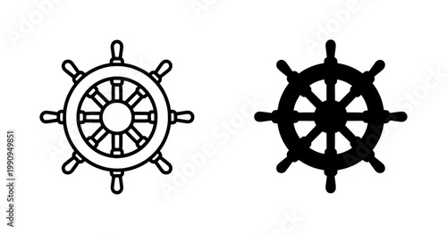 Nautical Ship Wheel Outline and Silhouette Icon Set