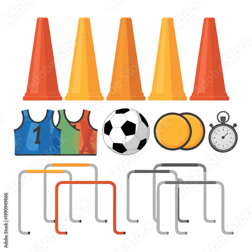 Soccer training set with obstacles and cones, a stopwatch, and jerseys.