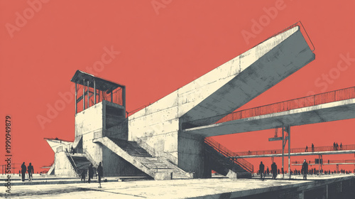 Modern Abstract Building With Staircases And Pedestrian Bridge Under Red Sky For Architectural Concepts
