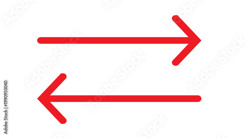 Two red arrows one pointing right and one pointing left on white background with opposite directions pointing direction opposite contrast movement navigation isolated background exchange