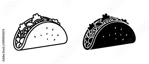 Mexican Taco Line Art and Solid Silhouette Icon Set