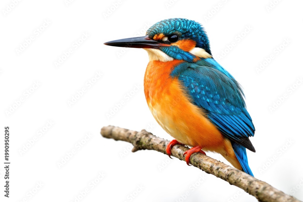 Obraz premium Bright kingfisher sitting calmly on a twig in front of white space