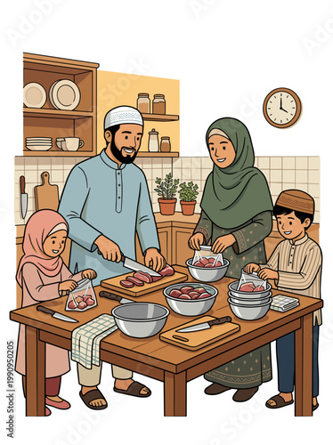Eid aladha muslim family preparing meat together in kitchen cutting and packing concept of unity and tradition