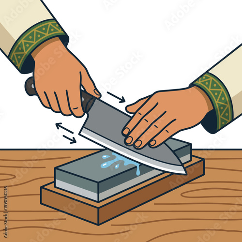 Eid aladha sharpening knife on whetstone with water close up concept of preparation and precision