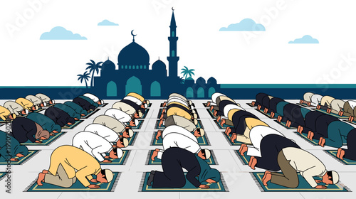 Eid aladha muslims praying in rows near mosque before sacrifice ritual concept of faith and devotion