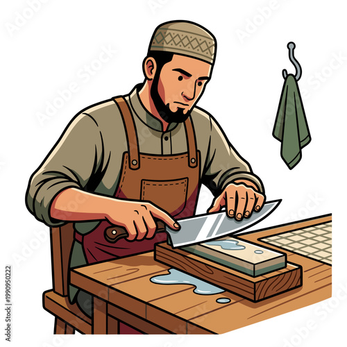 Eid aladha traditional butcher sharpening knife on whetstone at table concept of skill and preparation