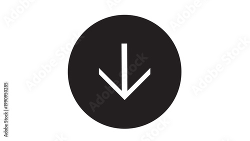Black circle with white downward arrow negative direction downward direction geometric minimalist contrast graphics isolated navigation decrease download interface component movement