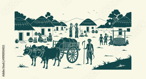 Traditional Indian Village Scene with Bullocks Cart Farmer Huts and People in Folk Art Style Vector