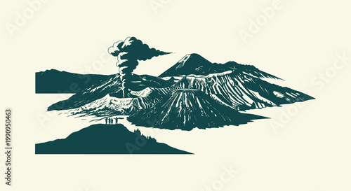 Iconic Mount Bromo Volcano Landscape in Indonesia Hand Drawn Vector Illustration Graphic Artwork