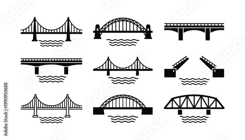 Variety of bridge types including suspension, arch, beam, and drawbridge vector icons on transparent background.