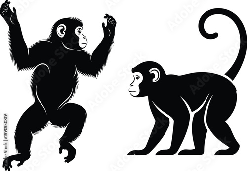 Black and white monkey silhouette vector illustration set featuring chimpanzee and primate characters isolated on white background for wildlife nature design.