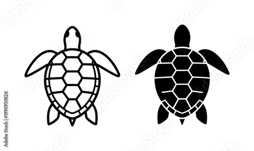 Sea Turtle Outline and Solid Silhouette Vector Icons