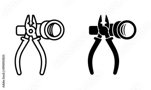 Pliers cutting a pipe icon set in black and white