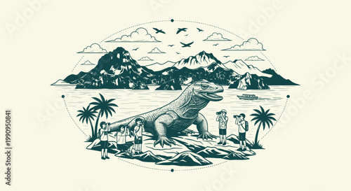Hand Drawn Vintage Style Komodo Dragon Illustration with Tourists Taking Photos on Tropical Island