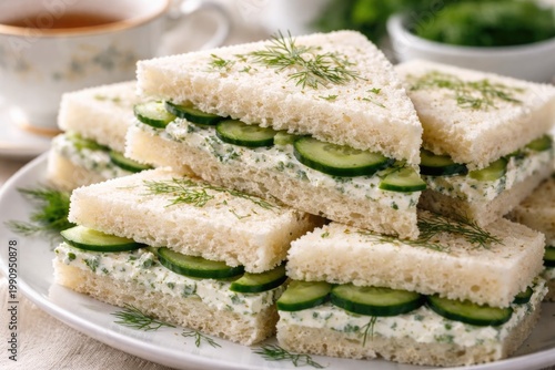 English Tea Sandwiches with Cream Cheese and Cucumber on Plate