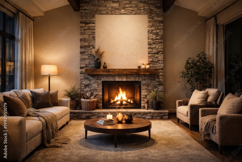 Obraz premium Cozy modern living room with a tall stone fireplace and warm fire plus empty copy space for custom text