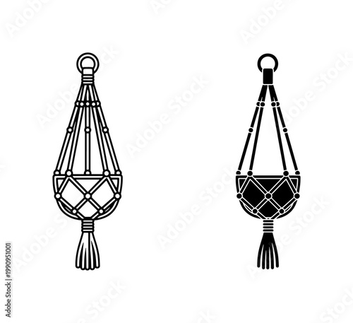 Macrame Plant Hanger Icon Set in Black and White