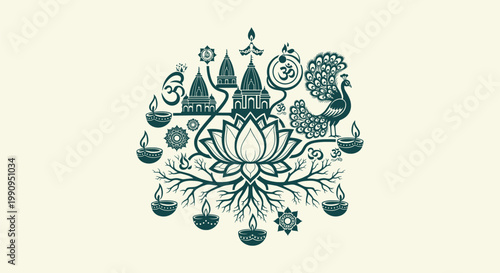 Spiritual Hindu Cultural Icons with Lotus Temple Peacock and Diya Lamps for Indian Diwali Festival