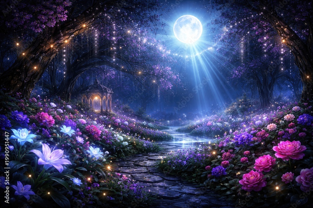 Fototapeta premium Fairytale fantasy scene featuring glowing moon rays and a mystical flower garden