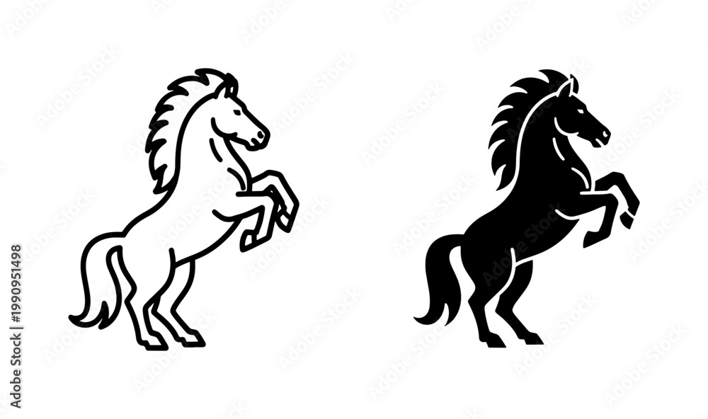 Fototapeta premium Rearing Horse Silhouette and Outline Vector Set