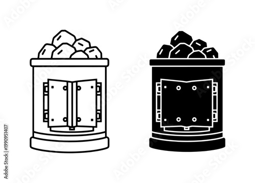 Sauna Stove Heater with Stones Line and Silhouette Icon Set