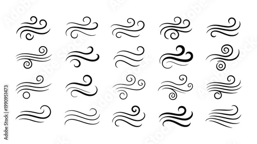 Hand drawn wind motion doodle vector set, abstract swirl, air blow, and smoke flow sketch lines illustrating movement, airflow, speed, and dynamic effects for design elements and backgrounds