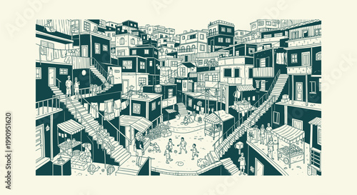 Intricate line art of a dense urban settlement showing daily life activities and local markets.