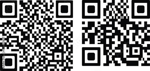 Two black QR codes side by side on white background for digital scanning technology payment authentication and mobile connectivity concept