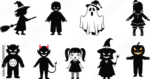 "Collection of Halloween silhouette characters including witch, ghost, pumpkin head, devil, werewolf, and spooky costumes in dramatic black design"Mobile
