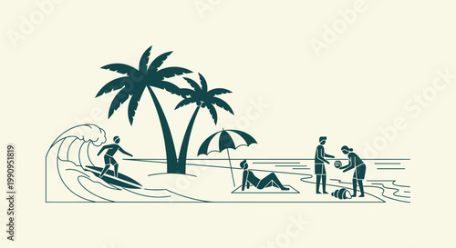 Vector Illustration of a Summer Beach Scene with Surfing Palm Trees and People Relaxing Outdoors
