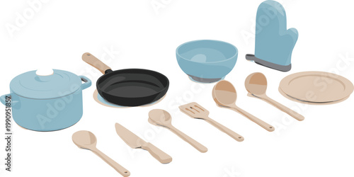   Pastel kitchenware and cooking utensil vector set isolated on white background for culinary, restaurant, and home design projects