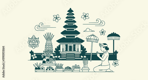 Traditional Balinese Hindu Culture Illustration with Temple Prayer and Offerings Line Art Vector