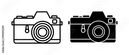 Retro Mirrorless Camera Line and Silhouette Icon Set
