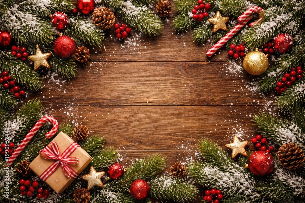 Fototapeta premium Winter themed Christmas card with fir branches and decorations on wooden surface copy space