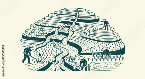 Minimalist line art illustration of traditional Asian terraced rice fields with farmers working.