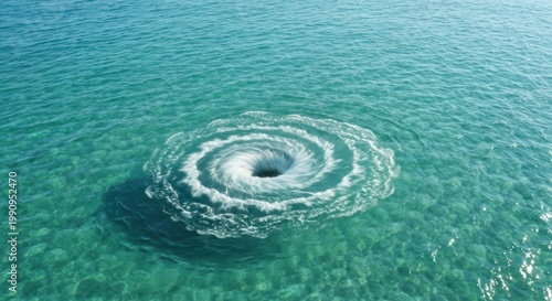 Aerial view of a strong whirlpool in transparent turquoise water, revealing the seabed